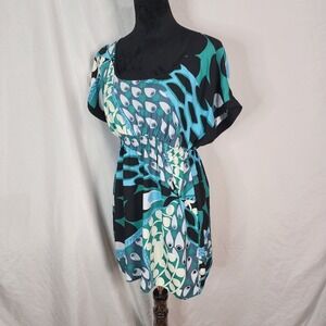 MATTY M Size Medium Blue Green Batwing‎ Scoop Neck Blouson Tunic Mini Dress